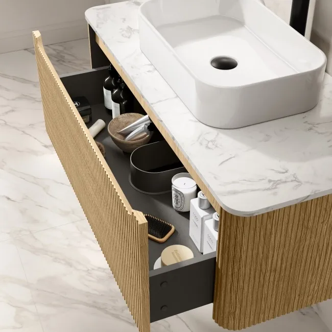 Sorrento Fluted Country Oak Wall Hung Drawer Vanity with Marble Top & Marin Basin 1000mm