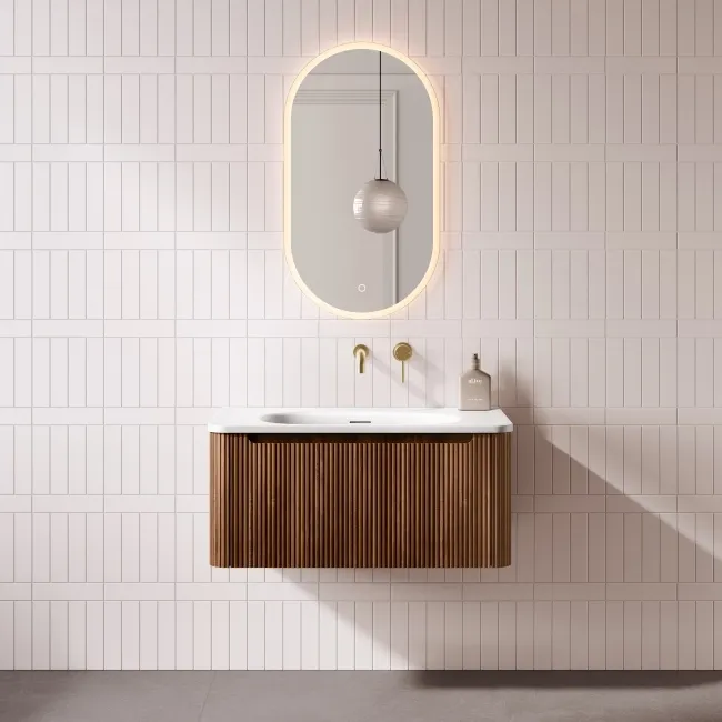 Sorrento Fluted Black Walnut Wall Hung Drawer Vanity with Matt White Basin 800mm