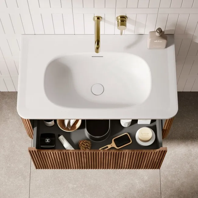 Sorrento Fluted Black Walnut Wall Hung Drawer Vanity with Matt White Basin 800mm