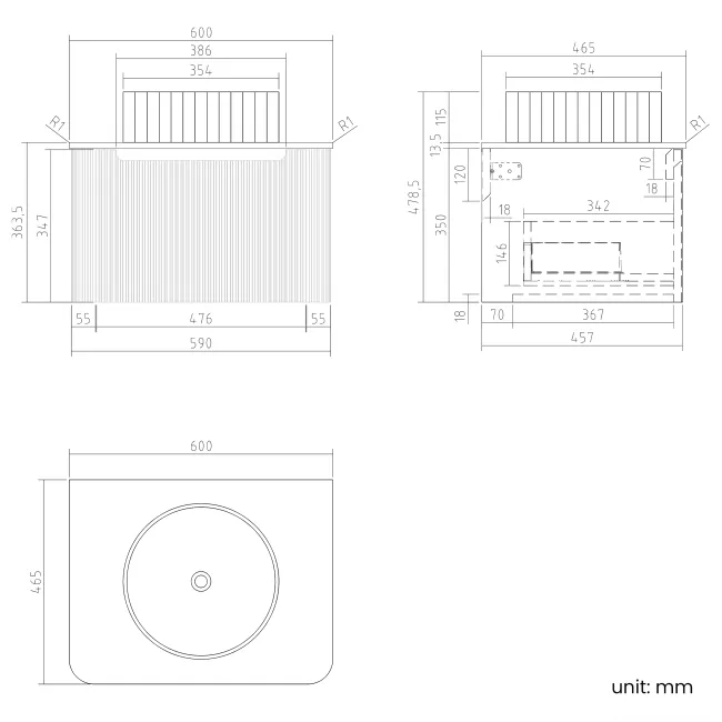 Sorrento Fluted Black Walnut Wall Hung Drawer Vanity with Marble Top & Nevis Basin 600mm