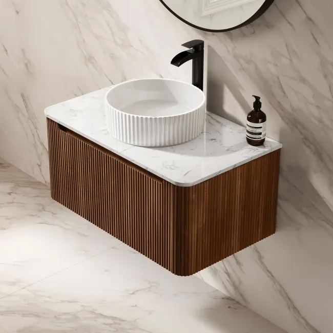 Sorrento Fluted Black Walnut Wall Hung Drawer Vanity with Marble Top & Nevis Basin 800mm