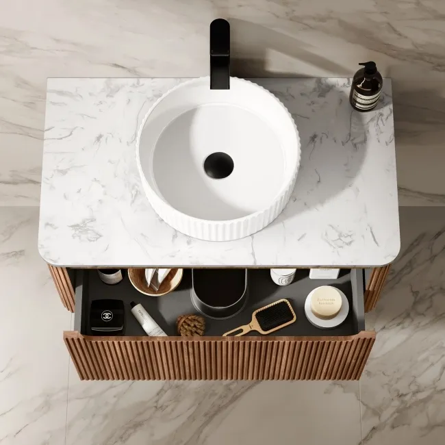 Sorrento Fluted Black Walnut Wall Hung Drawer Vanity with Marble Top & Nevis Basin 800mm