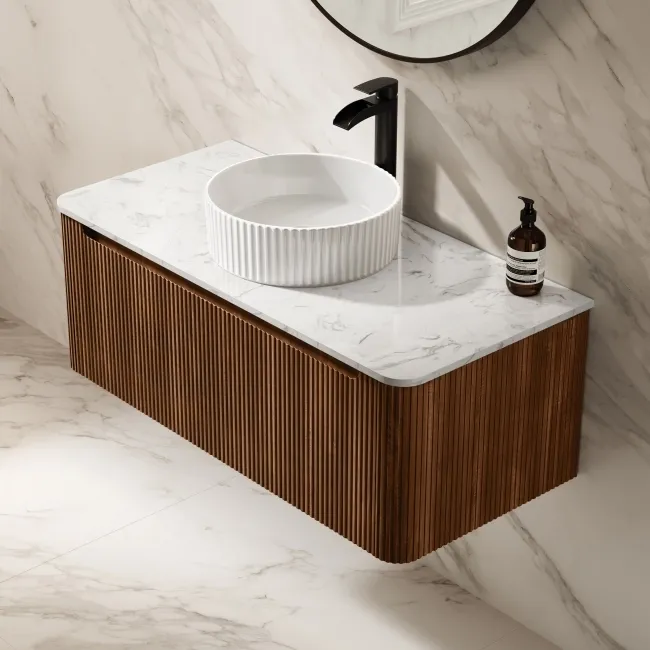Sorrento Fluted Black Walnut Wall Hung Drawer Vanity with Marble Top & Nevis Basin 1000mm