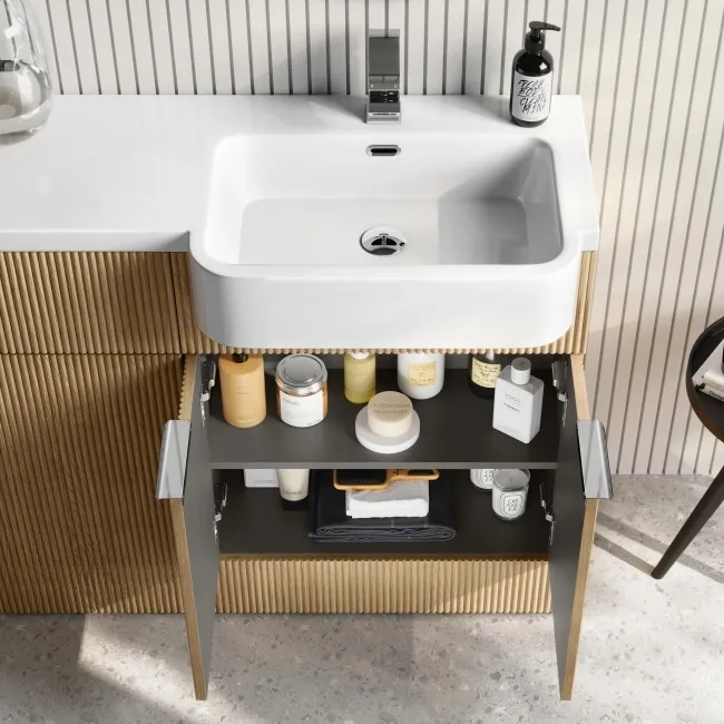 Sicily Fluted Country Oak Combination Vanity Basin and Tucson Toilet 1200mm - Chrome Handles - Right Handed