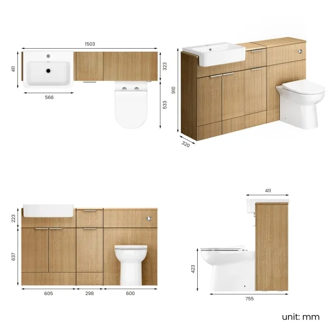 Sicily Fluted Country Oak Combination Vanity Basin and Aruba Toilet 1500mm - Chrome Handles