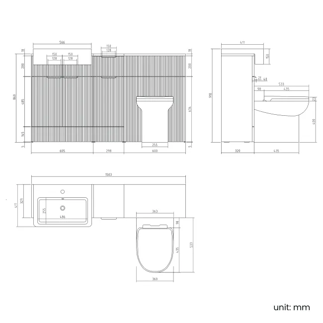 Sicily Fluted Country Oak Combination Vanity Basin and Aruba Toilet 1500mm - Chrome Handles