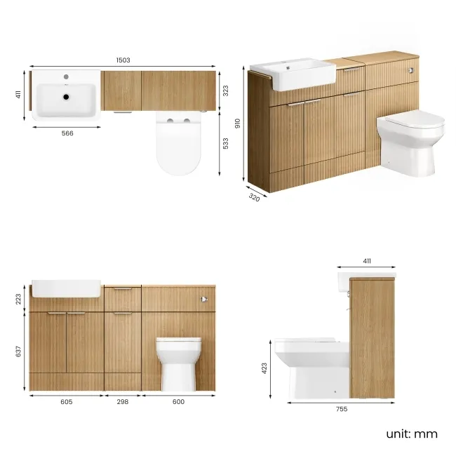 Sicily Fluted Country Oak Combination Vanity Basin and Miami Toilet 1500mm - Chrome Handles
