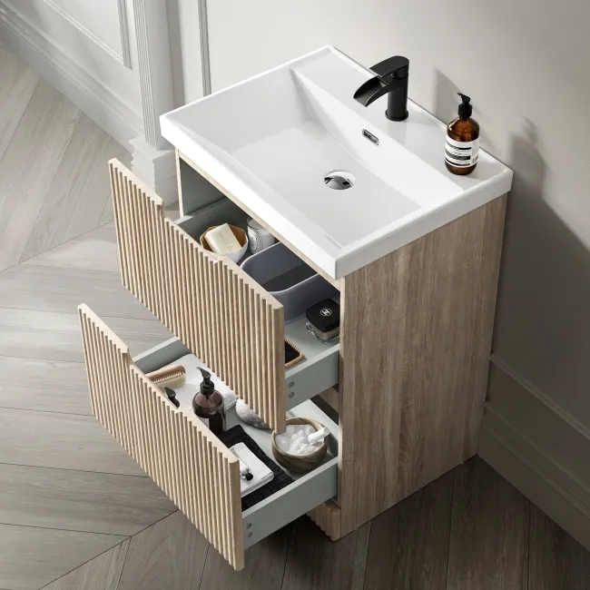 Crete Fluted Apex Oak Basin Vanity Drawer 600mm