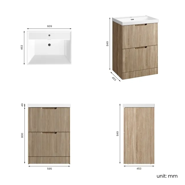 Crete Fluted Apex Oak Basin Vanity Drawer 600mm