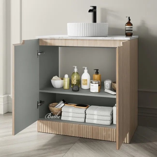 Crete Fluted Apex Oak Vanity with Marble Top & Nevis Basin 800mm