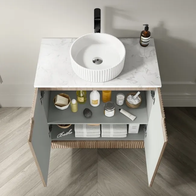 Crete Fluted Apex Oak Vanity with Marble Top & Nevis Basin 800mm