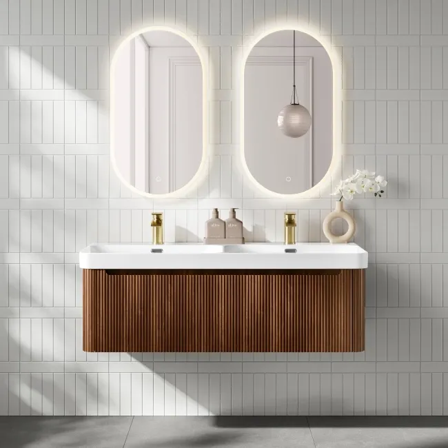 Sorrento Fluted Black Walnut Wall Hung Double Basin Drawer Vanity 1200mm