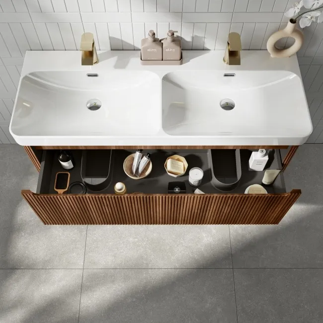 Sorrento Fluted Black Walnut Wall Hung Double Basin Drawer Vanity 1200mm