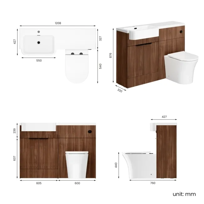 Sicily Fluted Black Walnut Combination Vanity Basin and Tucson Toilet 1200mm - Black Accents - Left Handed