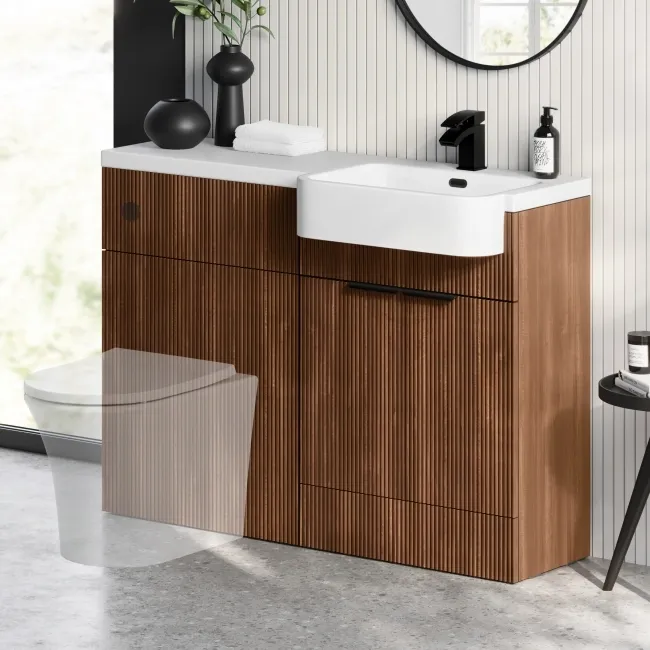Sicily Fluted Black Walnut Basin Vanity and Back To Wall Toilet Unit 1200mm (Excludes Toilet) - Black Accents - Right Handed
