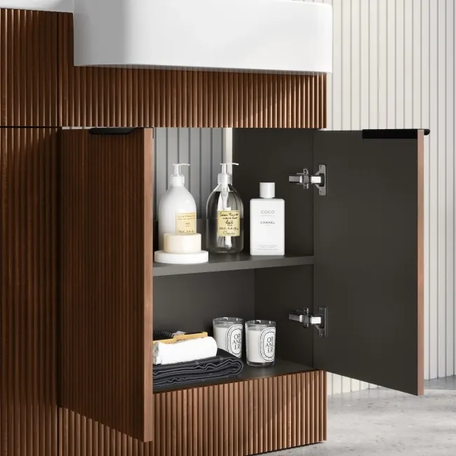 Sicily Fluted Black Walnut Combination Vanity Basin and Houston Toilet 1200mm - Black Accents - Right Handed