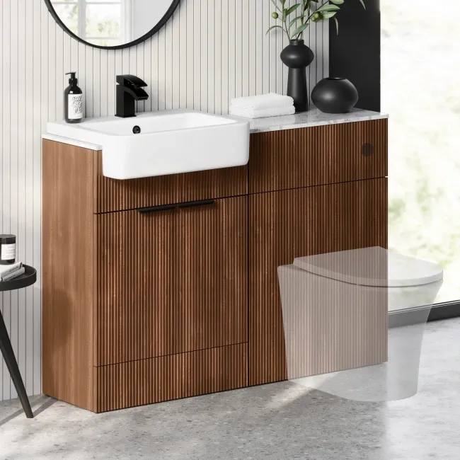 Sicily Fluted Black Walnut Basin Vanity with Marble Top & Back To Wall Unit 1200mm (Excludes Toilet) - Black Accents