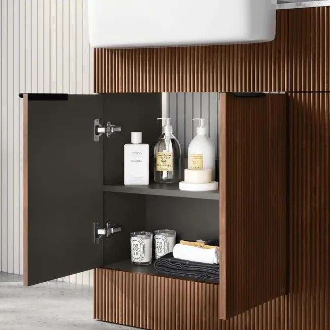 Sicily Fluted Black Walnut Basin Vanity with Marble Top & Back To Wall Unit 1200mm (Excludes Toilet) - Black Accents