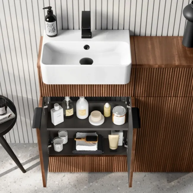 Sicily Fluted Black Walnut Vanity with Semi Recessed Basin 500mm - Black Accents