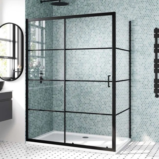 London Matt Black Grid 6mm Sliding Shower Enclosure 1400x900mm