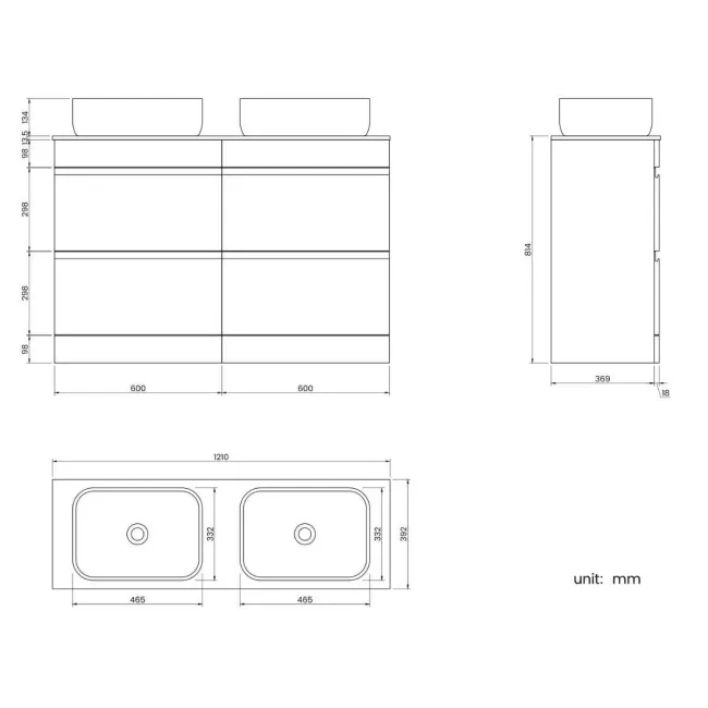 Trent Stone Grey Double Vanity Drawer with Marble Top & Curved Counter Top Basin 1200mm