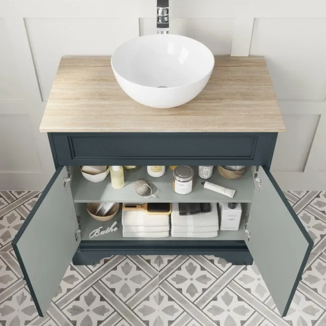 Lucia Inky Blue Vanity with Oak Effect Top & Round Counter Top Basin 840mm