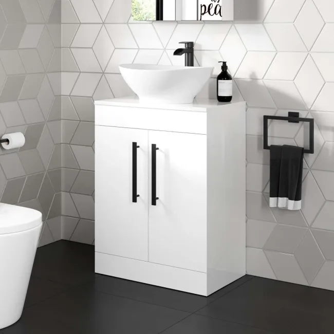 Avon Gloss White Vanity with Oval Counter Top Basin 600mm - Black Accents