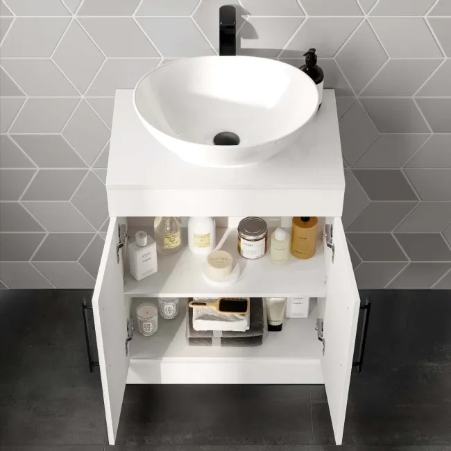 Avon Gloss White Vanity with Oval Counter Top Basin 600mm - Black Accents