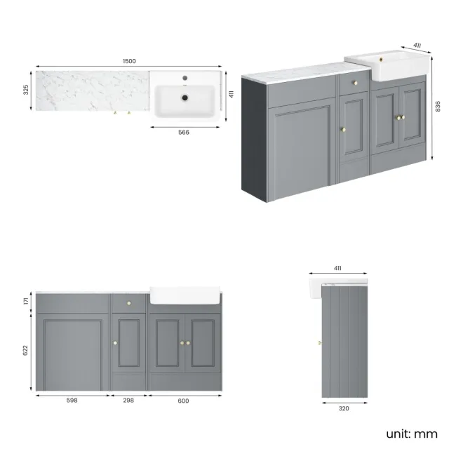 Monaco Dove Grey Combination Vanity Basin with Marble Top 1500mm (Excludes Pan & Cistern) - Brushed Brass Accents