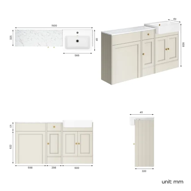 Monaco Chalk White Combination Vanity Basin with Marble Top 1500mm (Excludes Pan & Cistern) - Brushed Brass Accents