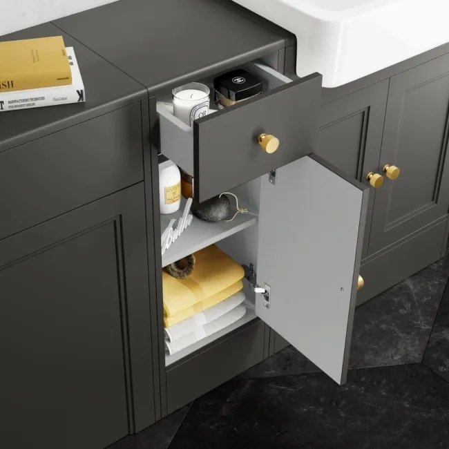 Monaco Graphite Grey Basin Vanity and Back To Wall Unit 1500mm (Excludes Pan & Cistern) - Brushed Brass Accents