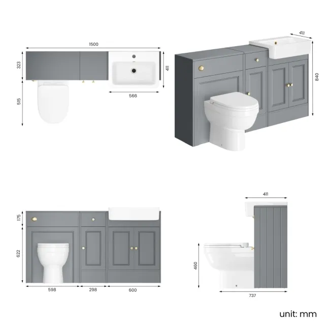 Monaco Dove Grey Combination Vanity Basin and Seattle Toilet 1500mm - Brushed Brass Accents