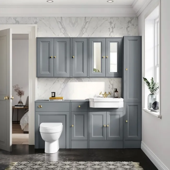Monaco Dove Grey Combination Vanity Traditional Basin and Seattle Toilet 1500mm - Brushed Brass Accents