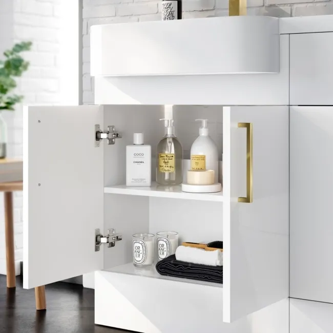 Harper Gloss White Combination Vanity Basin and Boston Toilet 1200mm - Brushed Brass Accents - Left Handed
