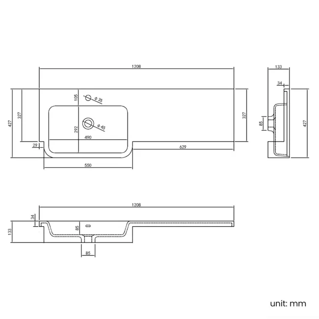 Harper Stone Grey Combination Vanity Basin and Tucson Toilet 1200mm - Brushed Brass Accents - Left Handed