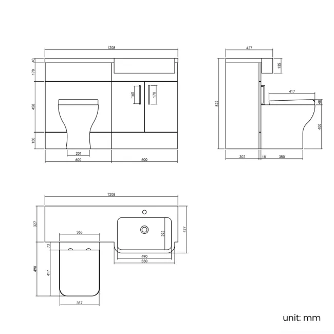 Harper Stone Grey Combination Vanity Basin and Houston Toilet 1200mm - Brushed Brass Accents - Right Handed