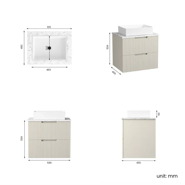 Crete Fluted Linen White Wall Hung Drawer Vanity with Marble Top & Cody Basin 600mm