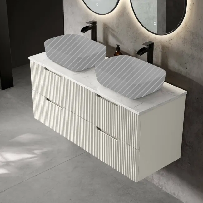 Crete Fluted Linen White Double Wall Hung Drawer Vanity with Marble Top 1200mm - Excludes Counter Top Basin