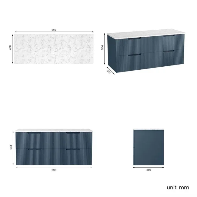 Crete Fluted Navy Blue Double Wall Hung Drawer Vanity with Marble Top 1200mm - Excludes Counter Top Basin