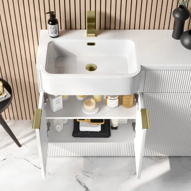 Sicily Fluted Coastal White Combination Vanity Basin and Tucson Toilet 1200mm - Brushed Brass Accents - Left Handed