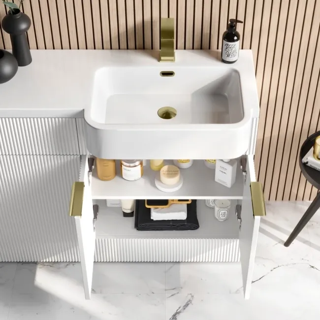 Sicily Fluted Coastal White Combination Vanity Basin and Houston Toilet 1200mm - Brushed Brass Accents - Right Handed