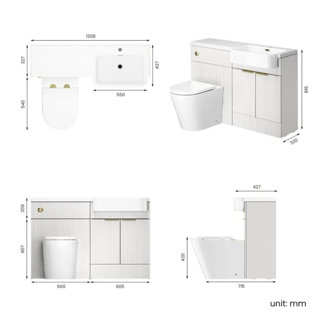 Sicily Fluted Coastal White Combination Vanity Basin and Boston Toilet 1200mm - Brushed Brass Accents - Right Handed