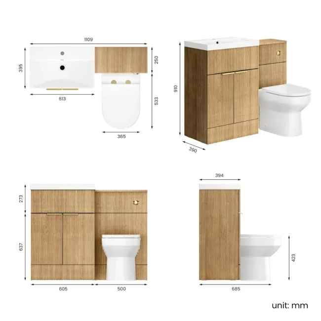 Havana Fluted Country Oak Combination Vanity Basin and Miami Toilet 1100mm - Brushed Brass Accents