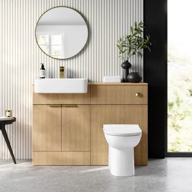 Sicily Fluted Country Oak Combination Vanity Basin and Aruba Toilet 1200mm - Brushed Brass Accents