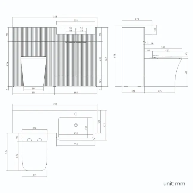 Sicily Fluted Country Oak Combination Vanity Basin and Houston Toilet 1200mm - Brushed Brass Accents - Right Handed