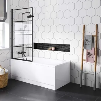 Stafford 1600x700 Round Shower Bath & 6mm Easy Clean Matt Black Grid Bath Screen