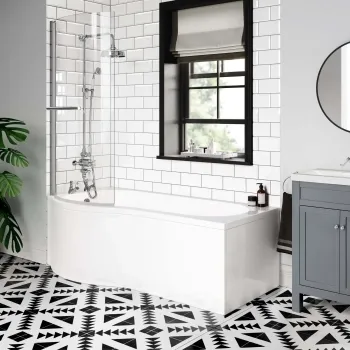 P Shaped 1700 Shower Bath with Front Panel & 6mm Easy Clean Screen with Rail - Left Handed