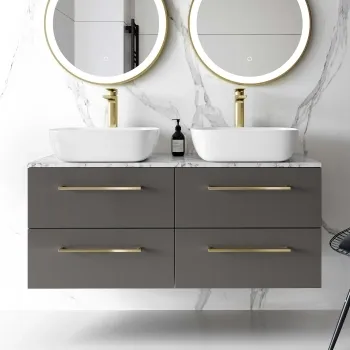 Elba Graphite Grey Double Wall Hung Drawer Vanity with Marble Top & Curved Basin 1200mm - Brushed Brass Accents