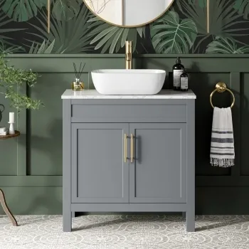 Bermuda Dove Grey Vanity with Marble Top & Curved Counter Top Basin 800mm - Brass Knurled Handles