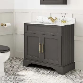 Lucia Graphite Grey Vanity with Marble Top & Undermount Basin 830mm - Brass Knurled Handles